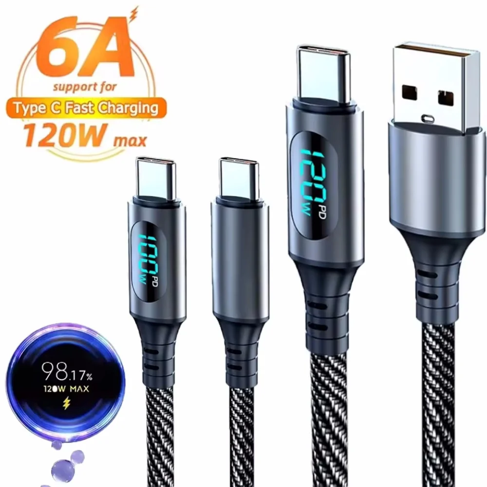 120W USB A to Type C Cable With LED Display 100W Type C To Type C